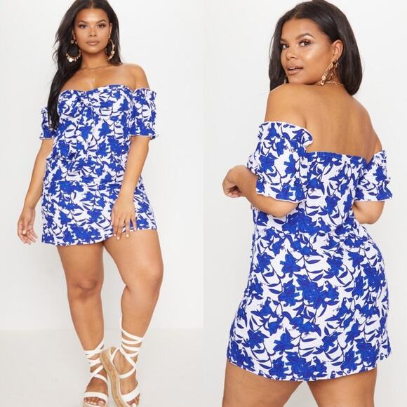 NWT PrettyLittleThing Plus Blue Porcelain Print Bardot Shift Dress Size UK16/USM - Picture 1 of 7